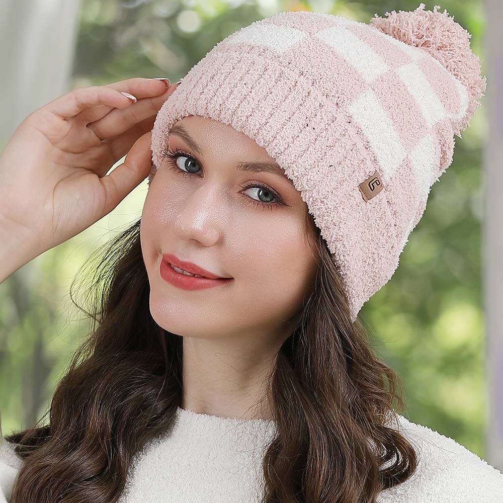 HATEGORY Checkered Beanie with Pom Pom