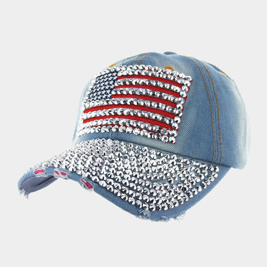 HATEGORY Bling Studded American USA Flag Denim Baseball Cap