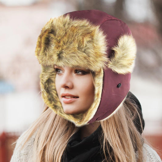 HATEGORY Faux Fur Trimmed Solid Trapper Hat