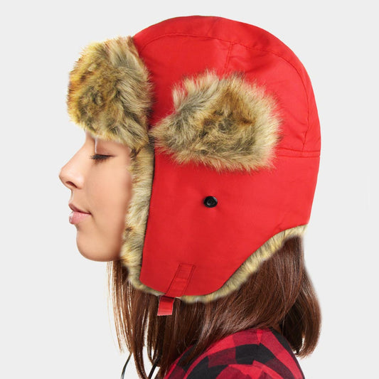 HATEGORY Faux Fur Trimmed Solid Trapper Hat