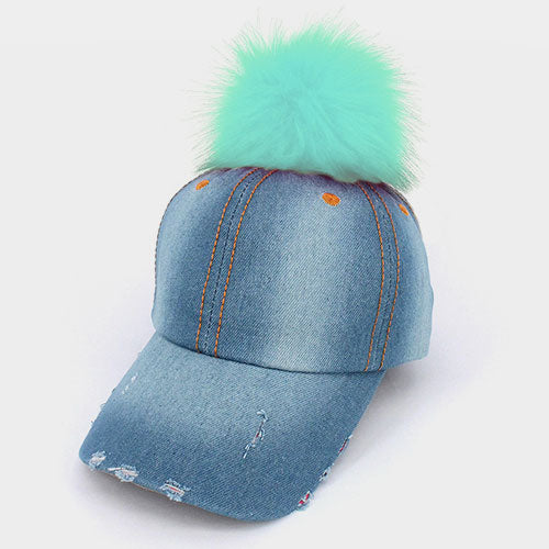HATEGORY Destroyed denim pom pom baseball cap