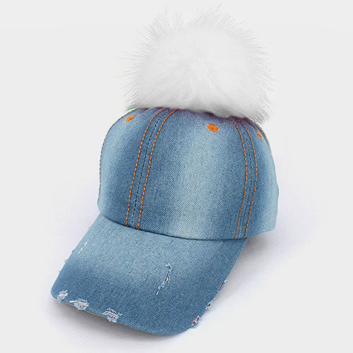 HATEGORY Destroyed denim pom pom baseball cap