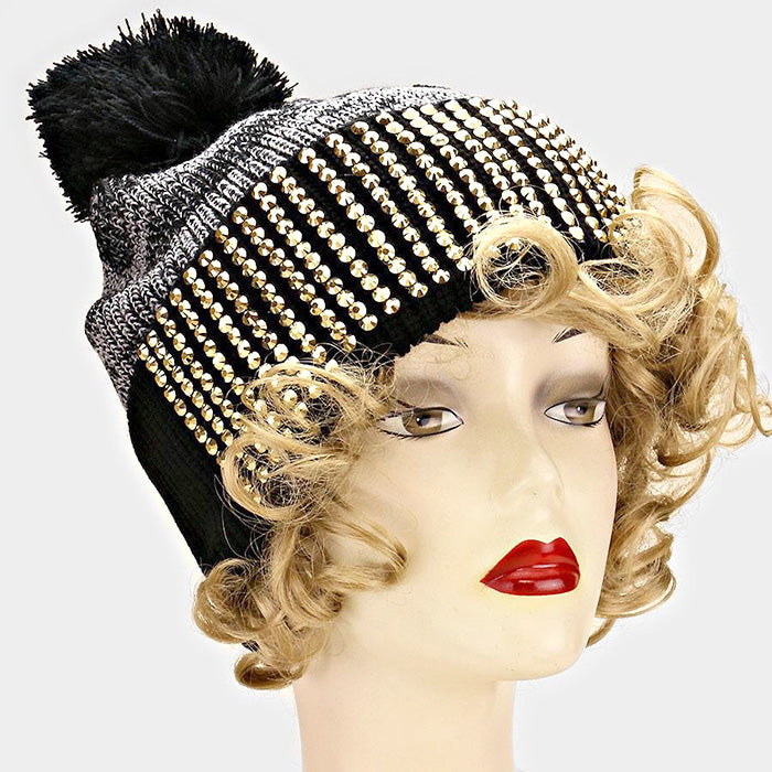 HATEGORY Studded Bling Pom Pom Beanie
