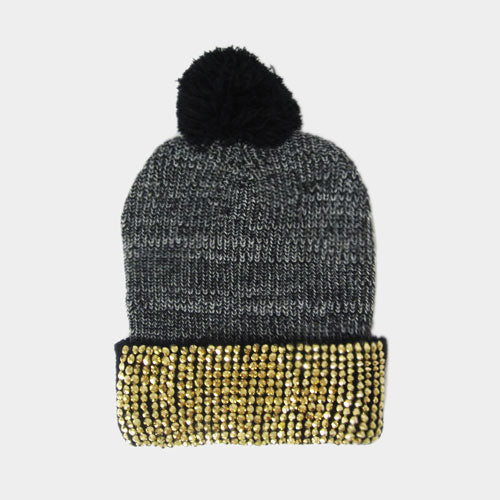 HATEGORY Studded Bling Pom Pom Beanie