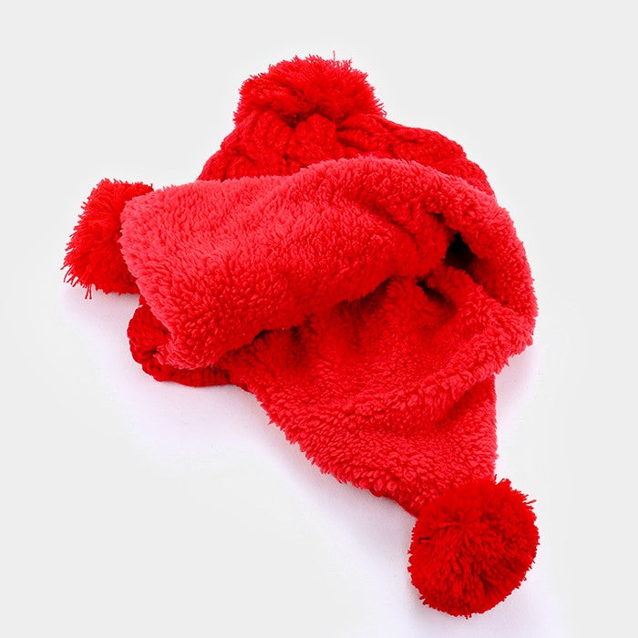 HATEGORY Fleece lined triple pom pom knit earflap beanie hat