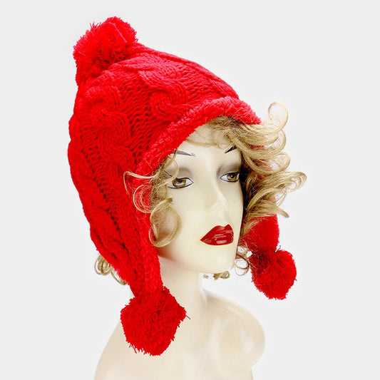 HATEGORY Fleece lined triple pom pom knit earflap beanie hat