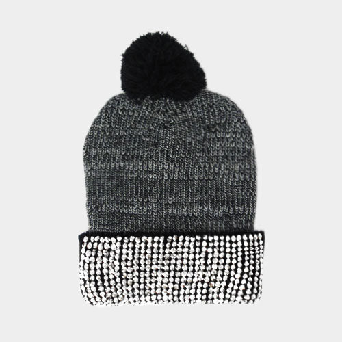 HATEGORY Studded Bling Pom Pom Beanie