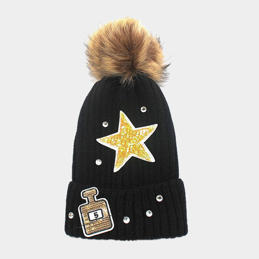 HATEGORY Sequin perfume & star _ patch beanie hat with pom pom