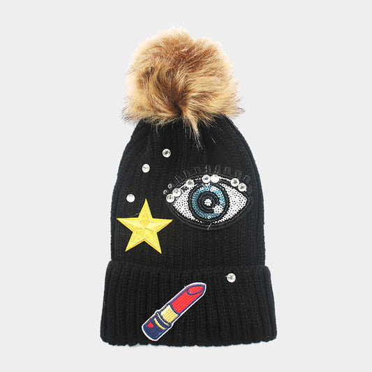 HATEGORY Sequin big eye & embroidered lipstick _ patch beanie hat with pom pom
