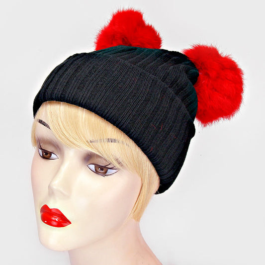 HATEGORY Double Pom Pom Fur Beanie Hat