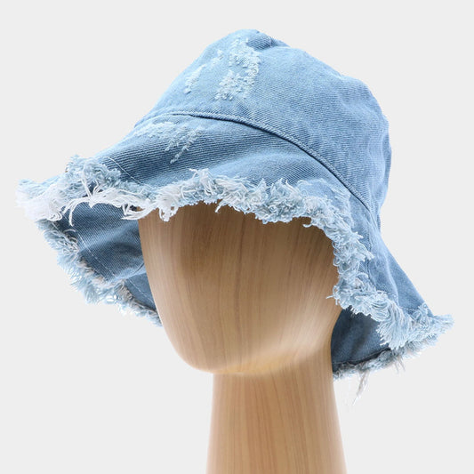 HATEGORY Frayed Trim Denim Bucket Hat
