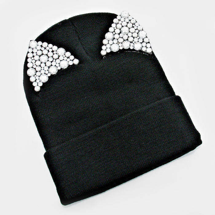 HATEGORY Bling Crystal Studded Cat Ear Fold Over Knit Beanie Hat
