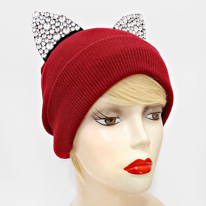 HATEGORY Bling Crystal Studded Cat Ear Fold Over Knit Beanie Hat