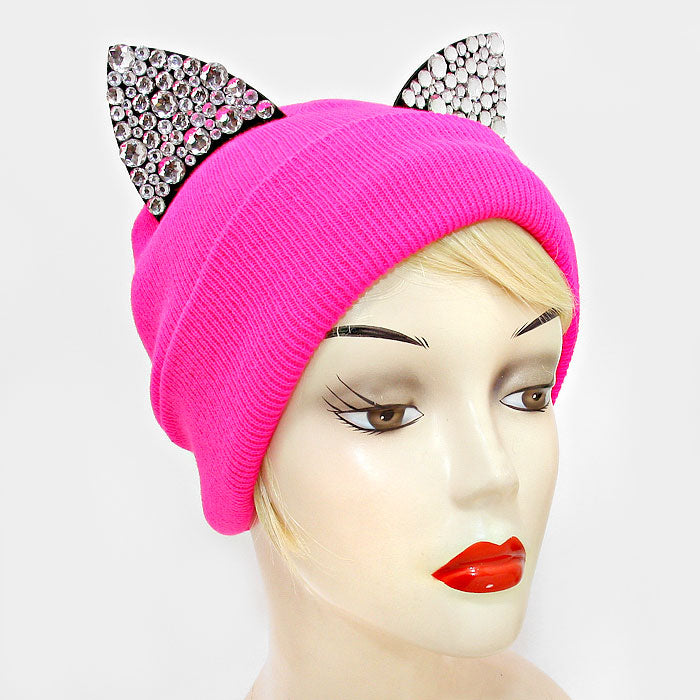 HATEGORY Bling Crystal Studded Cat Ear Fold Over Knit Beanie Hat