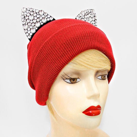HATEGORY Bling Crystal Studded Cat Ear Fold Over Knit Beanie Hat