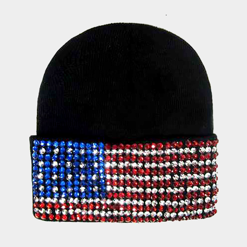 HATEGORY Bling American USA Flag Beanie Hat