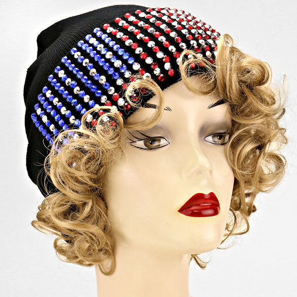 HATEGORY Bling American USA Flag Beanie Hat