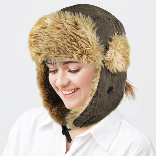 HATEGORY Faux Fur Trimmed Solid Trapper Hat