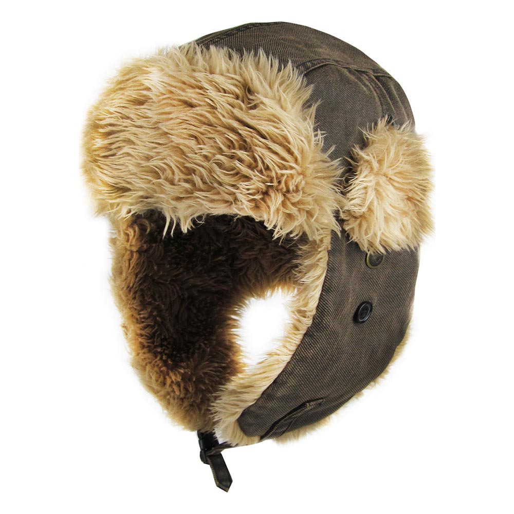 HATEGORY Faux Fur Trimmed Solid Trapper Hat