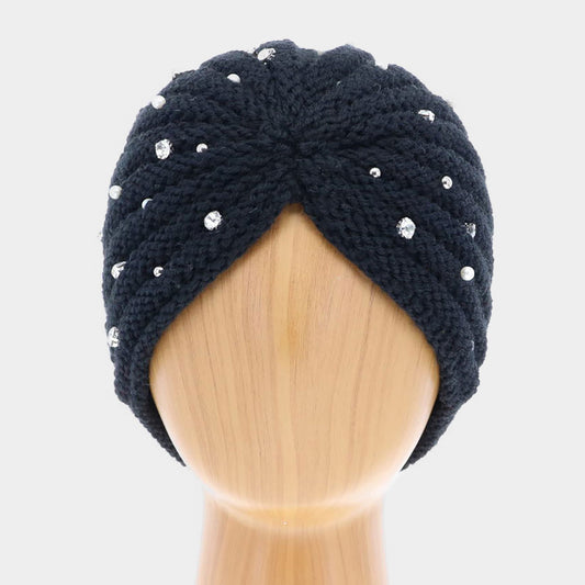 HATEGORY Single Layered Be jeweled Knitted Turban Hat