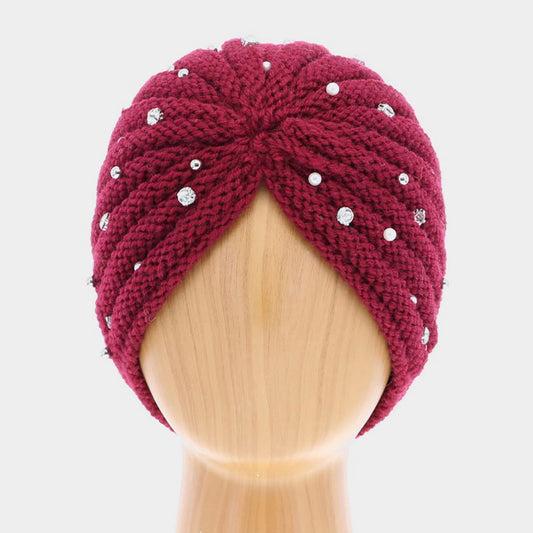 HATEGORY Single Layered Be jeweled Knitted Turban Hat