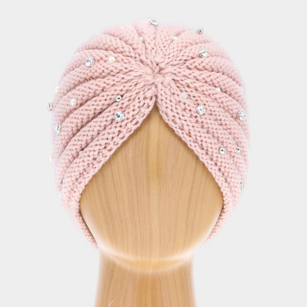 HATEGORY Single Layered Be jeweled Knitted Turban Hat