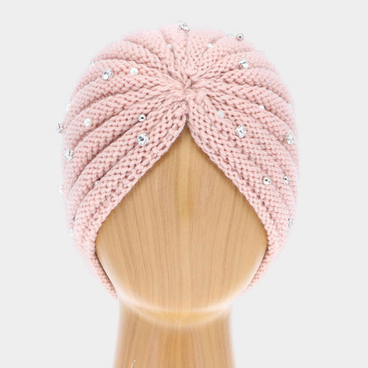 HATEGORY Single Layered Be jeweled Knitted Turban Hat