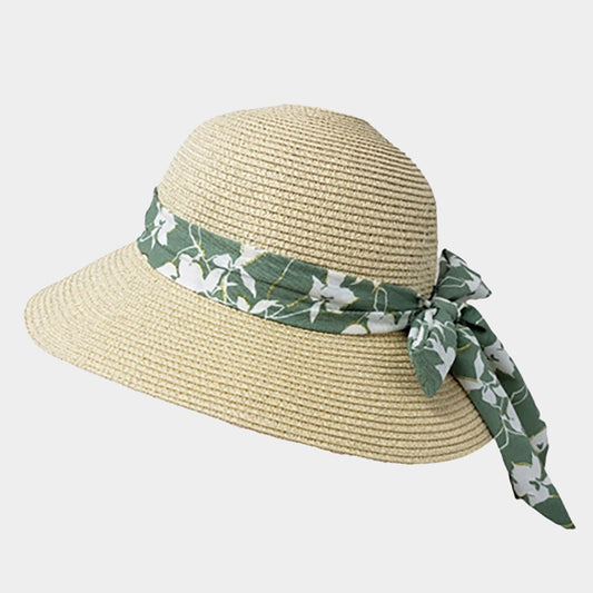 HATEGORY Floral Pattern Ribbon Band Straw Sun Hat