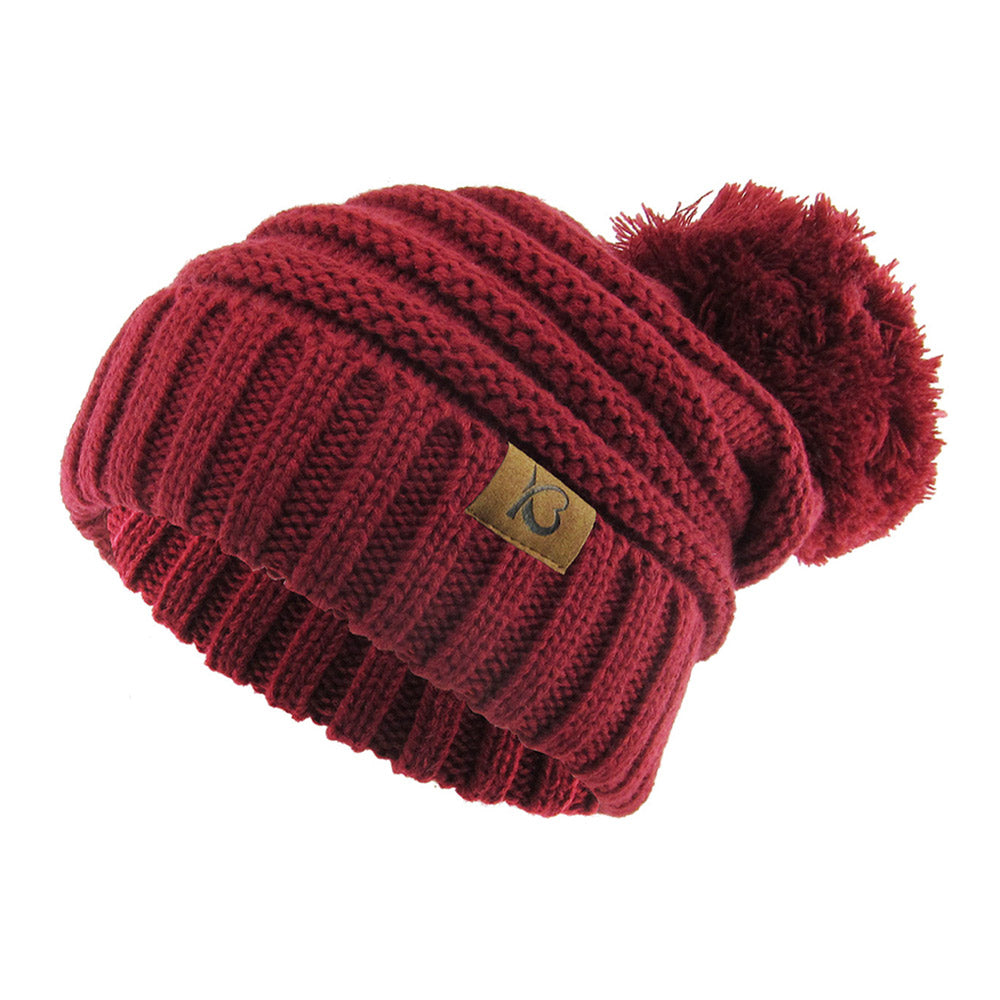 HATEGORY Cable Knit Ribbed Chunk Pom Pom Beanie Hat