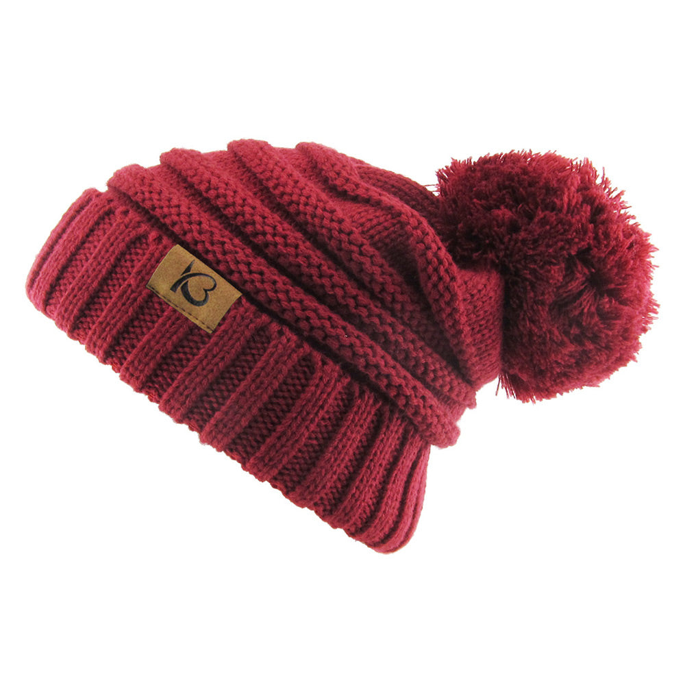 HATEGORY Cable Knit Ribbed Chunk Pom Pom Beanie Hat