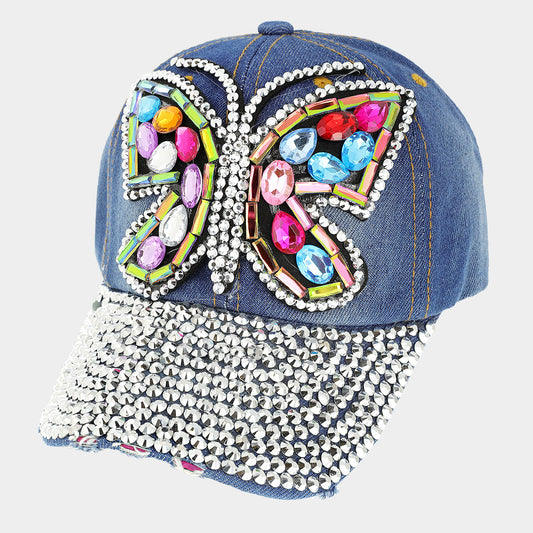 HATEGORY Bling Stone Embellished Butterfly Studded Baseball Cap