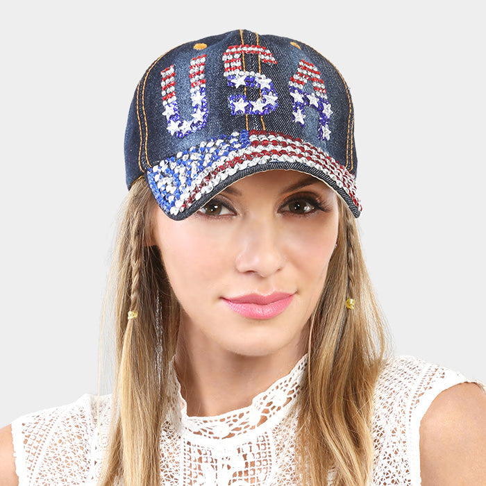 HATEGORY Bling Studded American USA Flag USA Denim Baseball Cap