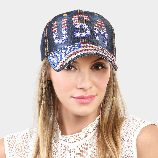 HATEGORY Bling Studded American USA Flag USA Denim Baseball Cap
