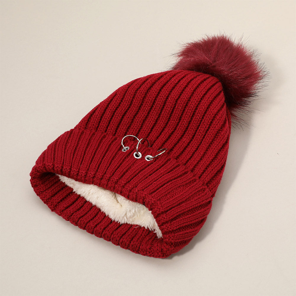 HATEGORY Soft Knit Fleece Triple Ring Detail Pom Pom Beanie