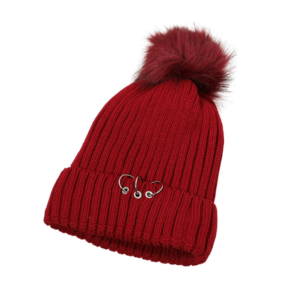 HATEGORY Soft Knit Fleece Triple Ring Detail Pom Pom Beanie