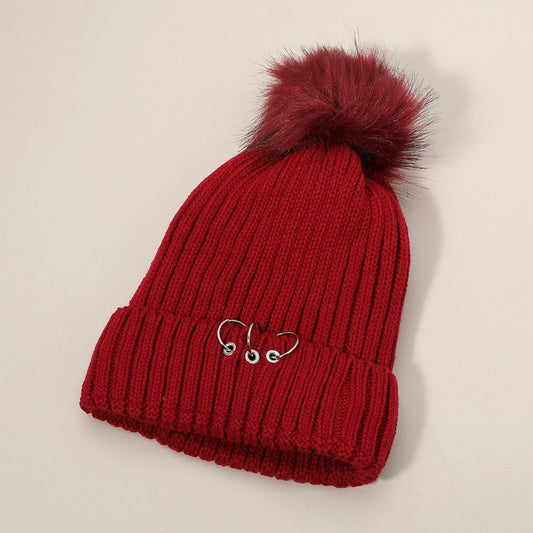 HATEGORY Soft Knit Fleece Triple Ring Detail Pom Pom Beanie