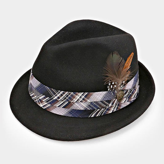 HATEGORY Feather & Striped Ribbon Wool Fedora