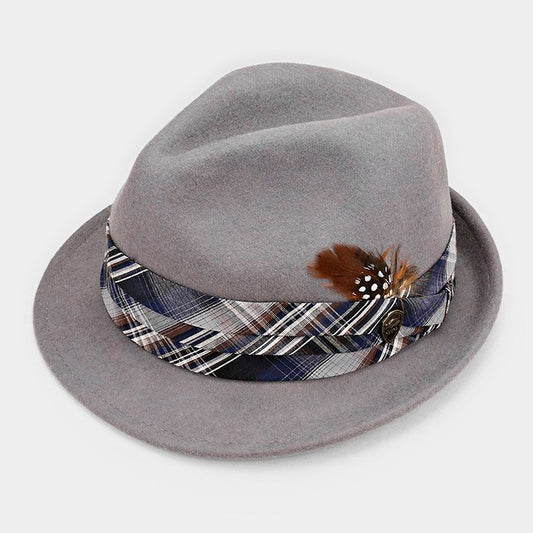 HATEGORY Feather & Striped Ribbon Wool Fedora