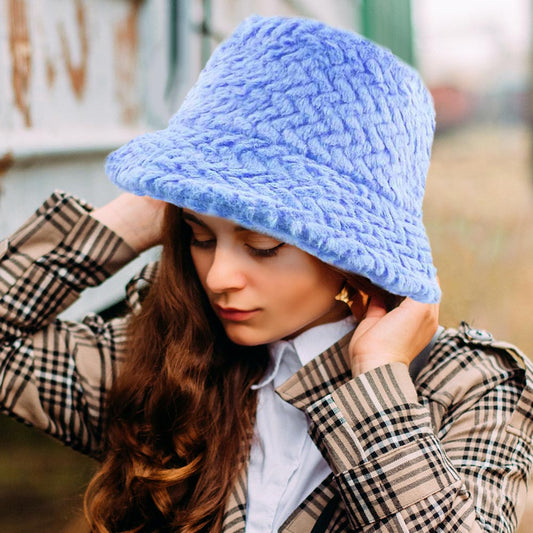 HATEGORY Patterned Faux Fur Solid Bucket Hat