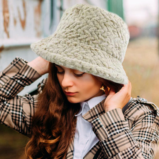 HATEGORY Patterned Faux Fur Solid Bucket Hat
