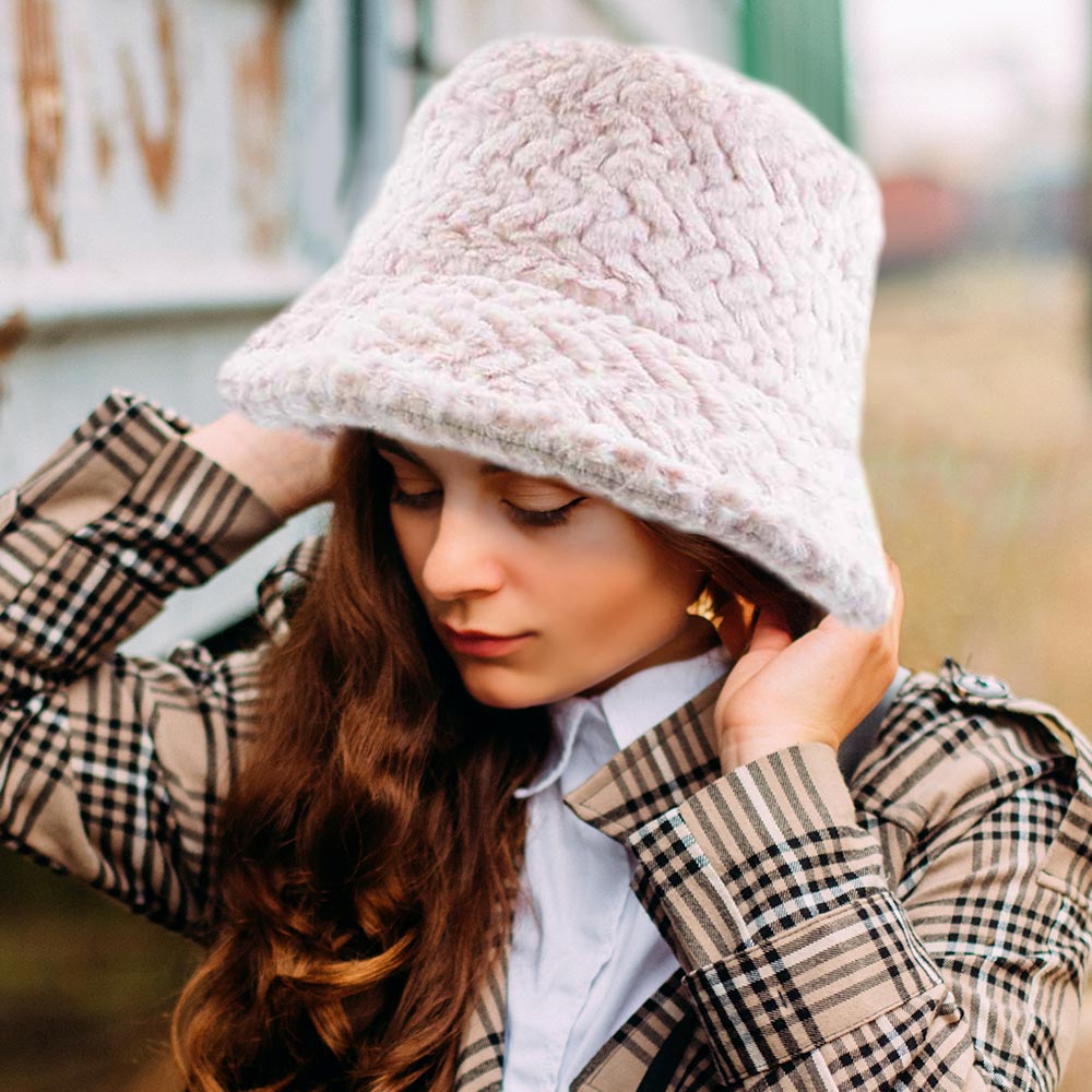 HATEGORY Patterned Faux Fur Solid Bucket Hat