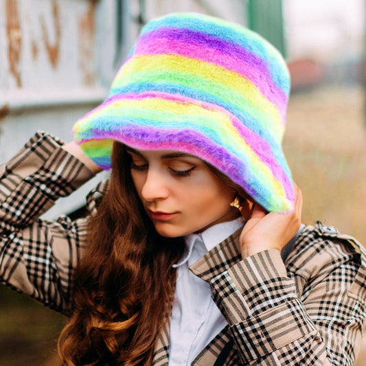 HATEGORY Rainbow Faux Fur Bucket Hat