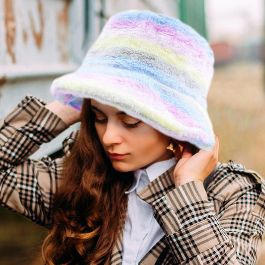 HATEGORY Rainbow Faux Fur Bucket Hat