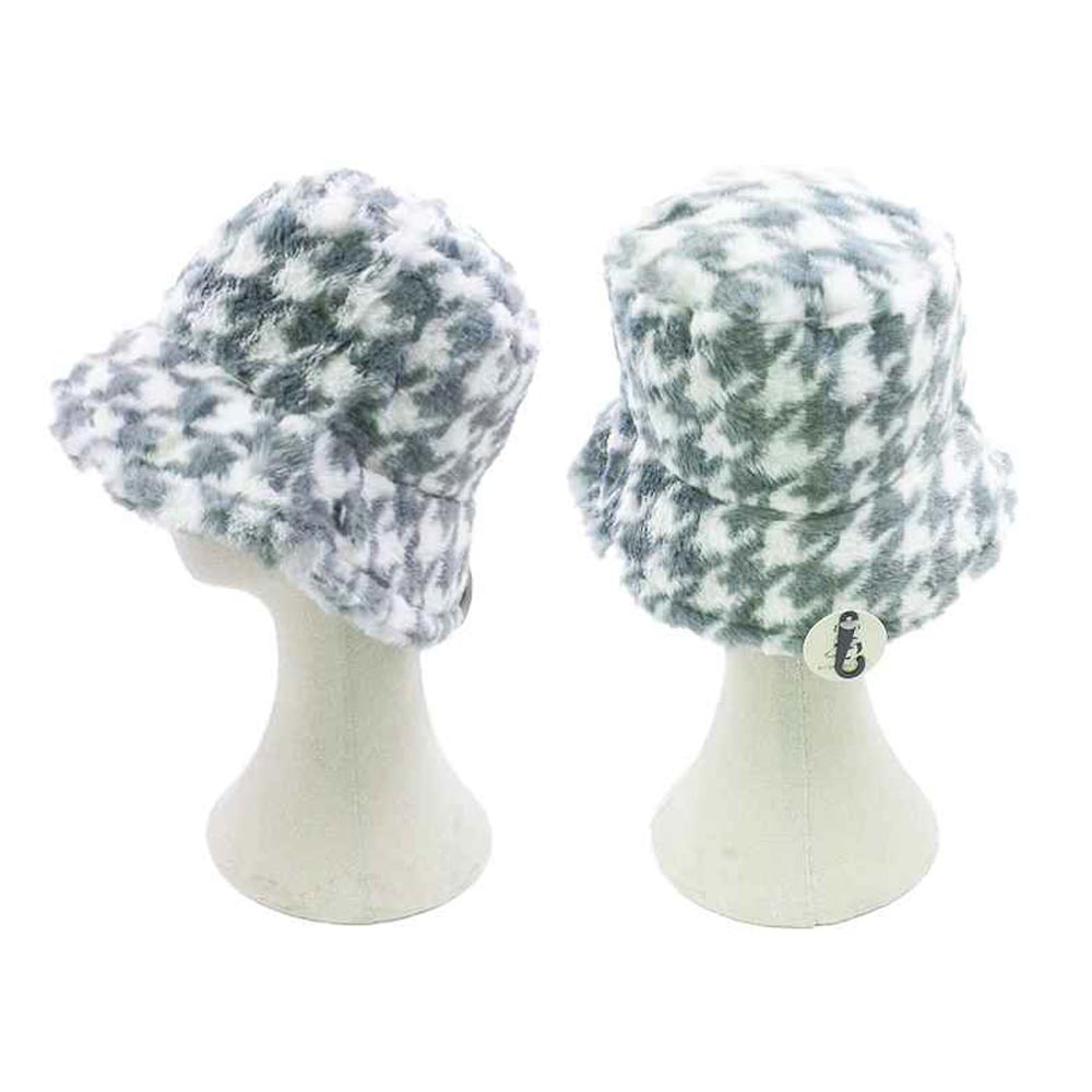 HATEGORY Houndstooth Patterned Faux Fur Bucket Hat
