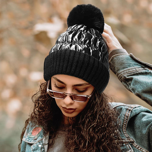 HATEGORY Fleece Lining Puffer Knit Pom Pom Beanie Hat