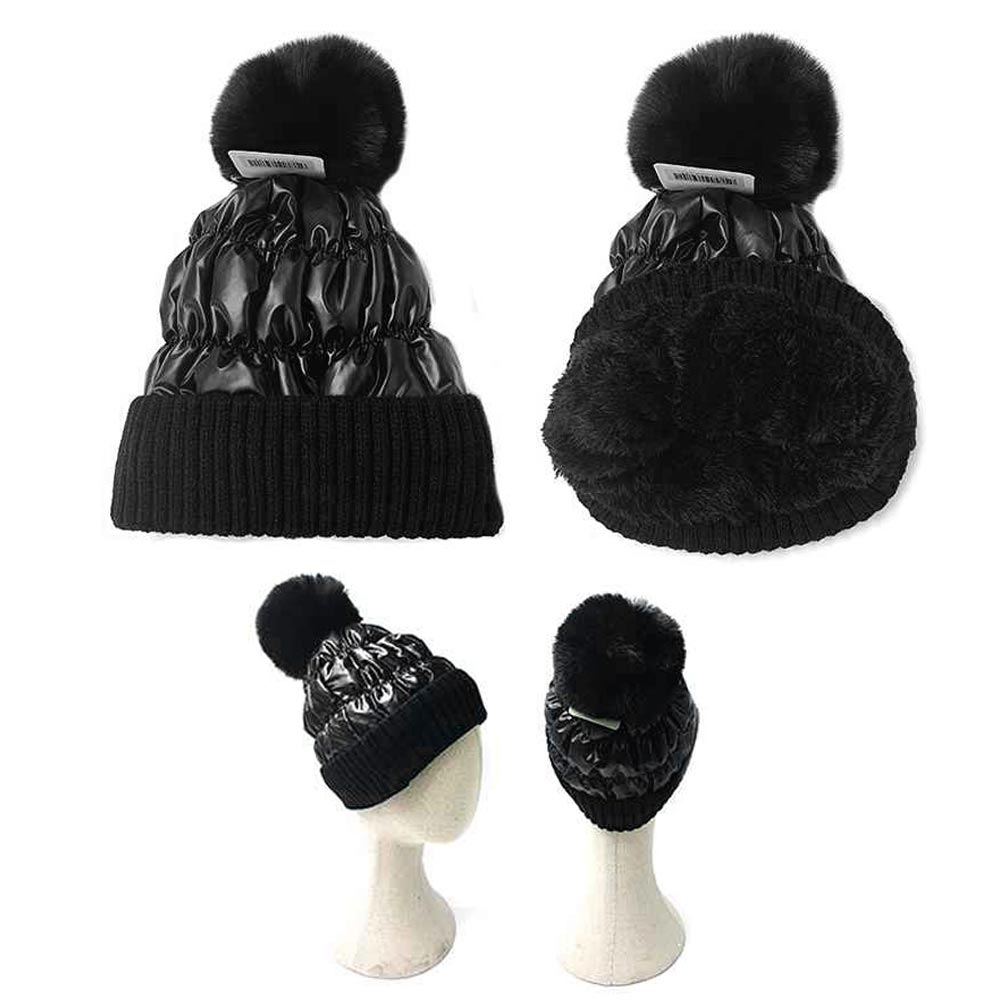 HATEGORY Fleece Lining Puffer Knit Pom Pom Beanie Hat