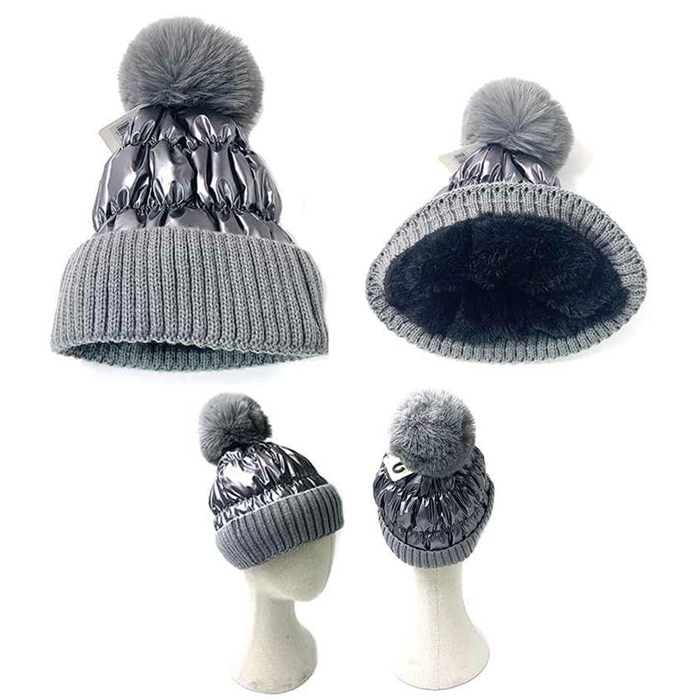 HATEGORY Fleece Lining Puffer Knit Pom Pom Beanie Hat