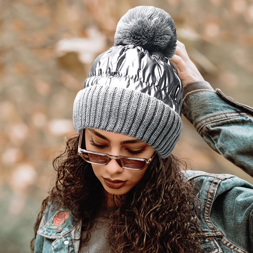 HATEGORY Fleece Lining Puffer Knit Pom Pom Beanie Hat