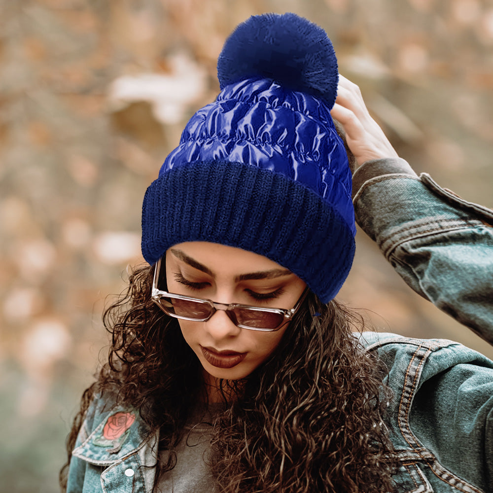 HATEGORY Fleece Lining Puffer Knit Pom Pom Beanie Hat