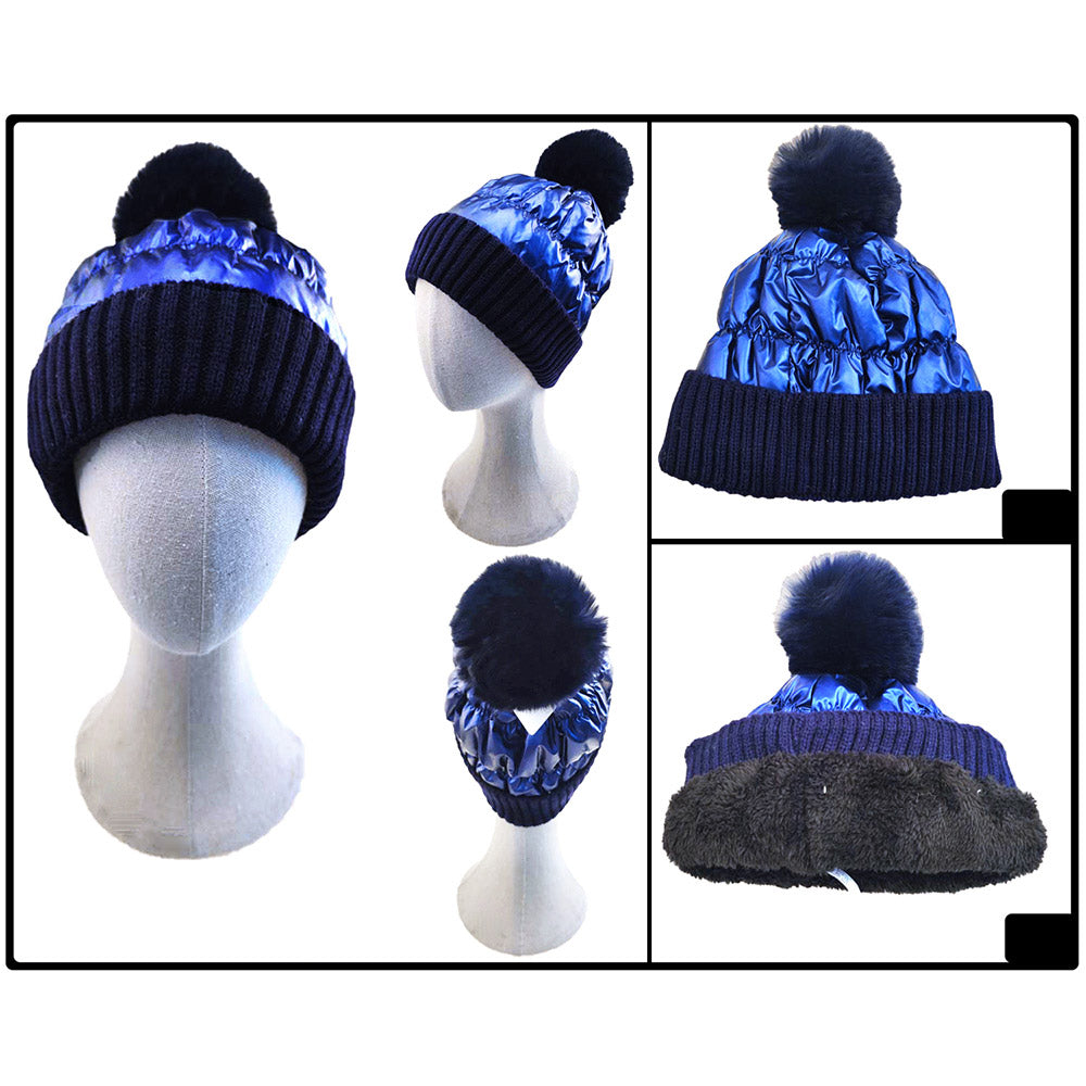 HATEGORY Fleece Lining Puffer Knit Pom Pom Beanie Hat